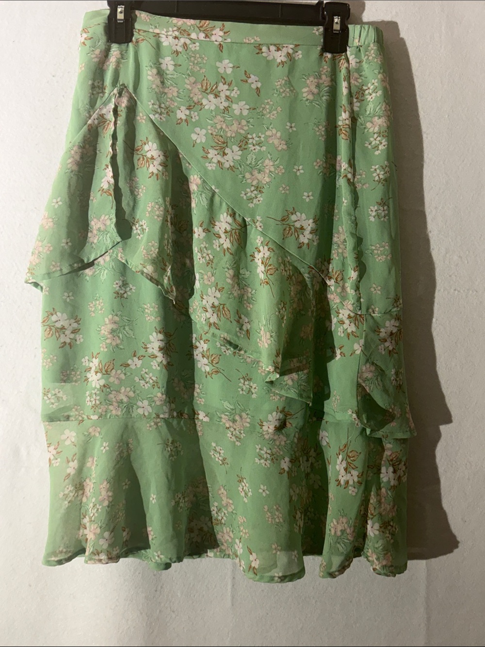 June & Hudson Light Green Floral Chiffon Ruffle Midi Skirt.Sz 8 Y2K